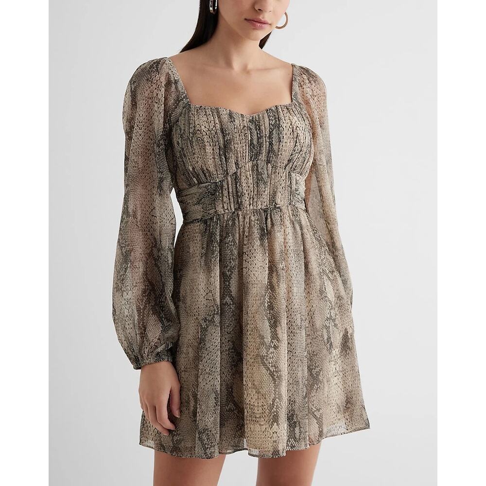 Express Snake Print Smocked Long Sleeve Dress Size XS NWT Brown - Picture 9 of 9